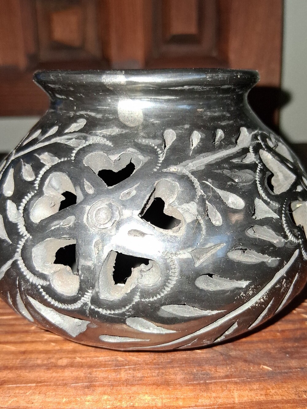 Vintage Hand Carved Mexican Black Clay Pot